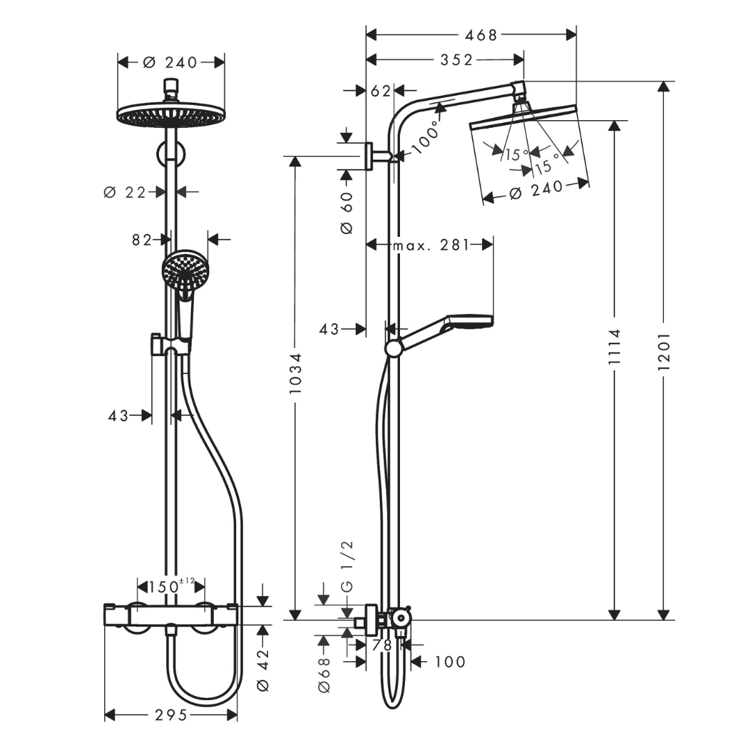 Hansgrohe Crometta E Showerpipe 240 1jet 2 ticks with Thermostat Varia - 26152009