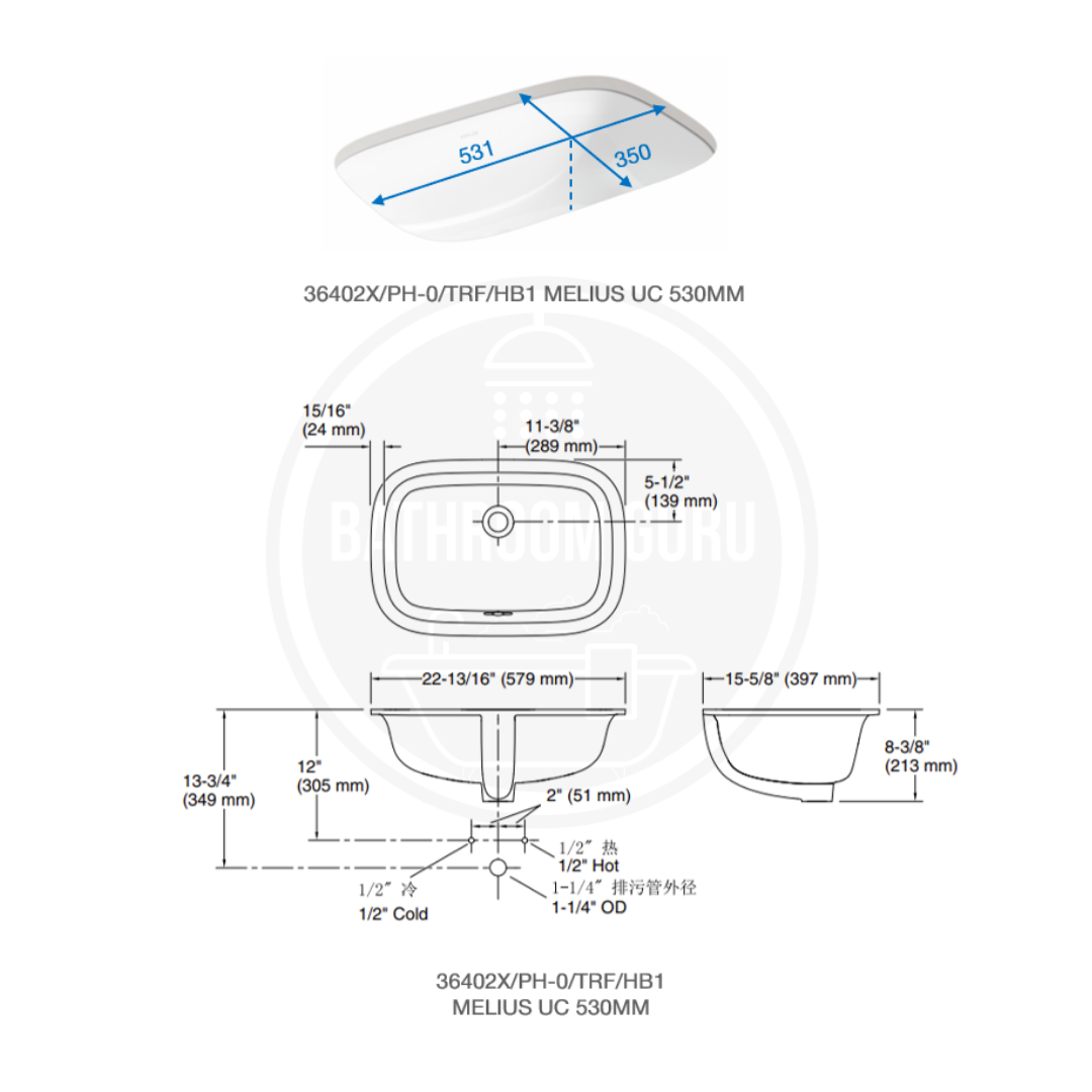 Kohler MELIUS Undercounter Washbasin 530mm / 590mm - 36402T-0 / 36403T-0