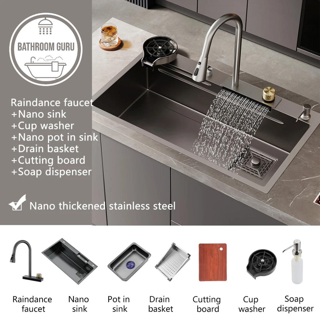 Black Stainless Steel Kitchen Sink - Washing, Draining and Cutting 3-in-1 Utility Sink with Sink Accessories