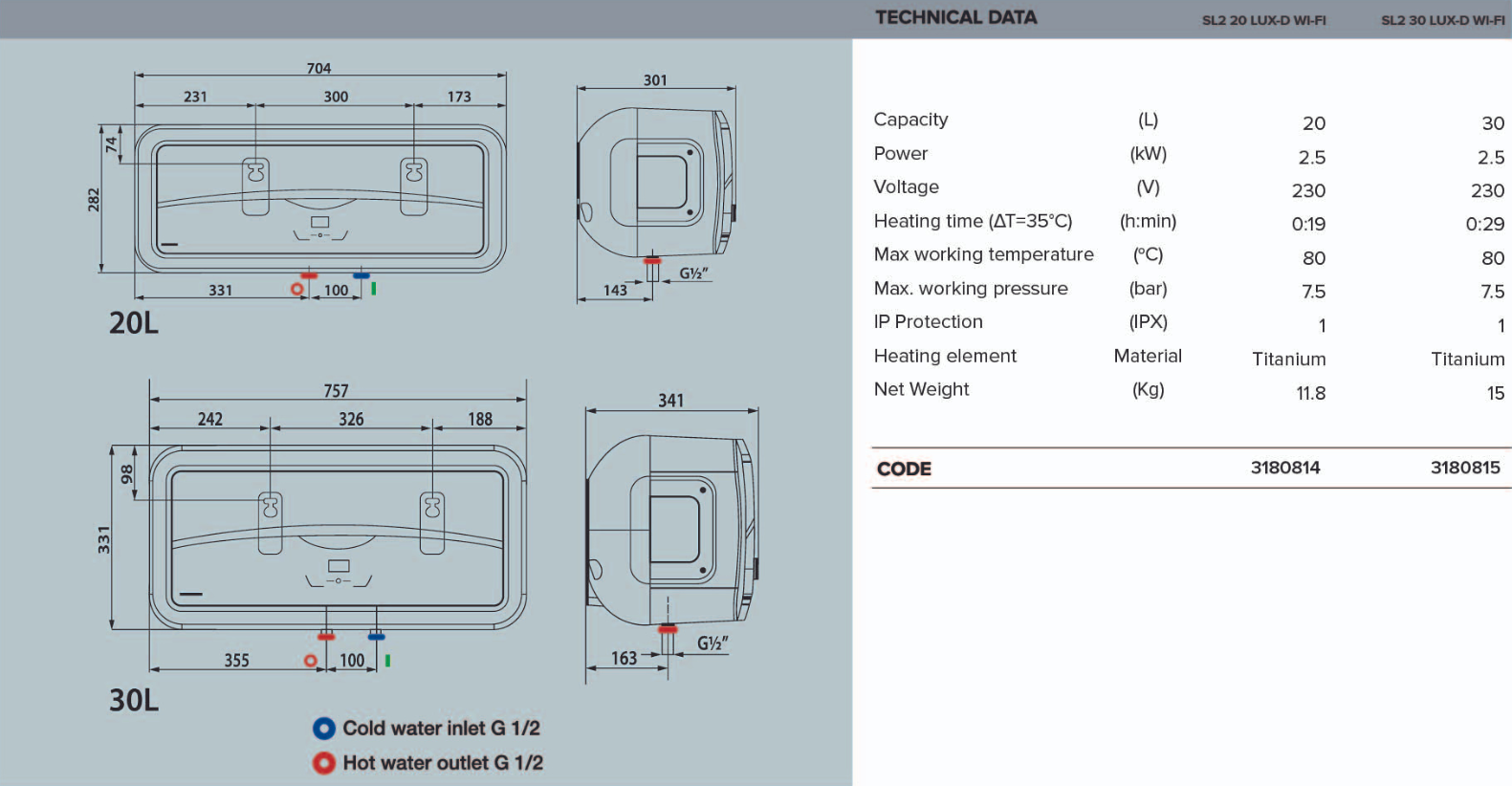 ARISTON Slim2 Lux D WiFi Electric Storage Water Heater - 3180814 / 3180815