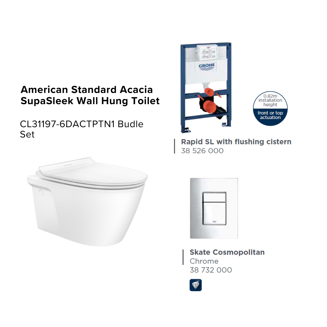 AMERICAN STANDARD (POWERFUL FLUSH) Acacia SupaSleek Wall Hung Toilet (with flush cistern and flush plate) Bundle Set (CL31197-6DACTN1)