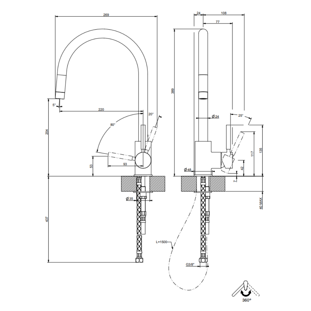 Gessi Cucinai Single Lever Kitchen Mixer With Pull-Out Spout 17120031